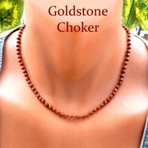 Gold Sandstone Beaded Choker Necklace • Goldstone, Brown Aventurine Necklace• Shiny Brown Gemstone Necklace • SD43