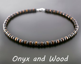 Onyx Necklace • Black and Brown Stone Bead Necklace • Wood Choker For Men • Gift For Him, Boyfriend, Husband, Dad