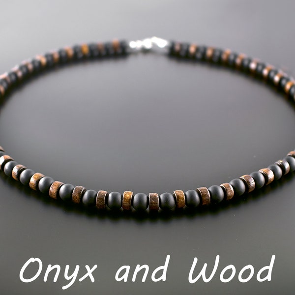 Onyx Necklace • Black and Brown Stone Bead Necklace • Wood Choker For Men • Gift For Him, Boyfriend, Husband, Dad