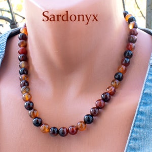 Collar Sardonyx • Collar para mujer con cuentas de piedra de cornalina oscura • Rojo • Marrón oscuro • Hecho a mano • Joyería Sardonyx • Espiritual • Curación • SD43