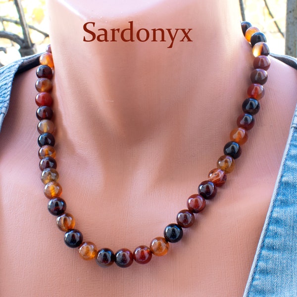Sardonyx Necklace • Dark Carnelian Stone Bead Womens Necklace • Red • Dark Brown • Handmade • Sardonyx Jewelry • Spiritual • Healing • SD43