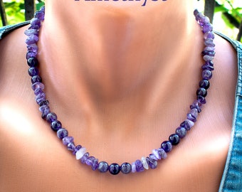 Amethyst Necklace with Raw and Round Beads • Purple Gemstone Jewelry • SD40