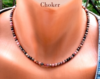 Rhodoniet kralen choker ketting • Roze en zwarte stenen sieraden • Handgemaakte accessoires