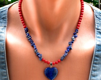 Lapis Lazuli and Coral Heart Pendant Necklace • Red and Blue Stone Jewelry • Raw and Round Beaded Necklace • SD30