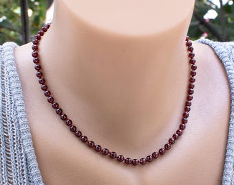 Collier Ras Du Cou En Grenat Naturel Rouge - Perles Rondes Lisses, Longueur 18 Pouces, Argenté/brass