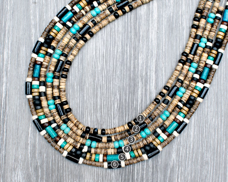 Mens Beaded Necklace Turquoise, Onyx, Wood Beads Choker Necklace Surfer, Boho, Casual, Everyday, Beach Handmade Jewelry SD50 zdjęcie 8