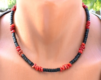 Red Coral and Black Surfer Necklace • Men's Beaded Beach Jewelry • Gift For Him • SD20
