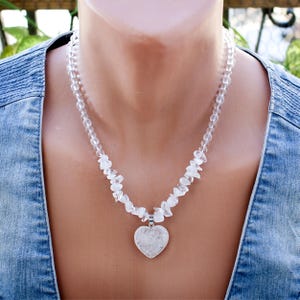 Clear Quartz Heart Necklace, Heart Pendant Necklace, Crystal Quartz Handmade Bead Necklace, White Crystal Quartz, Transparent Quartz • SD10