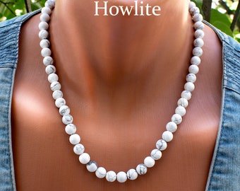 Howlite Necklace • 8mm White Stone Beads Jewelry • SD40