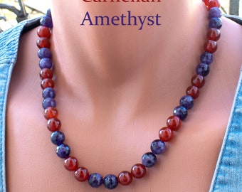 Carneool en Amethist ketting • 10mm rode en paarse kraal stenen ketting voor dames • Verklaring ketting • SD30