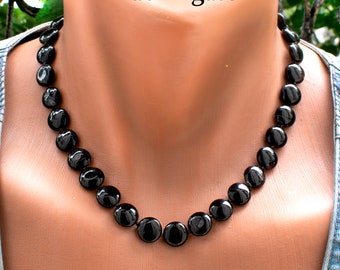 Black Agate Coins Necklace • Big Oval Flat Round Bead • Statement, Chunky, Knotted Jewelry • SD40