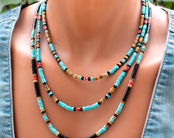 Southwestern Turquoise Necklace Heishi Beads, Long Turquoise Jewelry, Tribal-Inspired Gemstone for Men & Women SD31