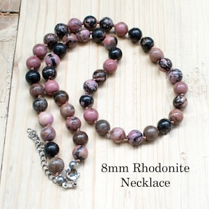Rhodonite Beaded Necklace • Rhodonite Necklace • Pink Rhodonite Stone Necklace • Hand Knotted Artisan Gift for Her • Gift for Mom  • SD30