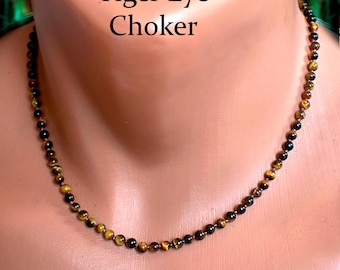 Collana girocollo Occhio di Tigre: collana da donna con perline di pietre preziose marrone e oro • Regalo primavera/estate • SD60