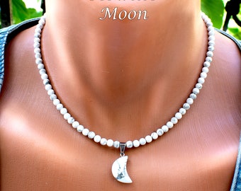 Howlite Moon Charm Necklace • Howlite Choker • 4mm Howlite Gemstone Bead Necklace • SD40