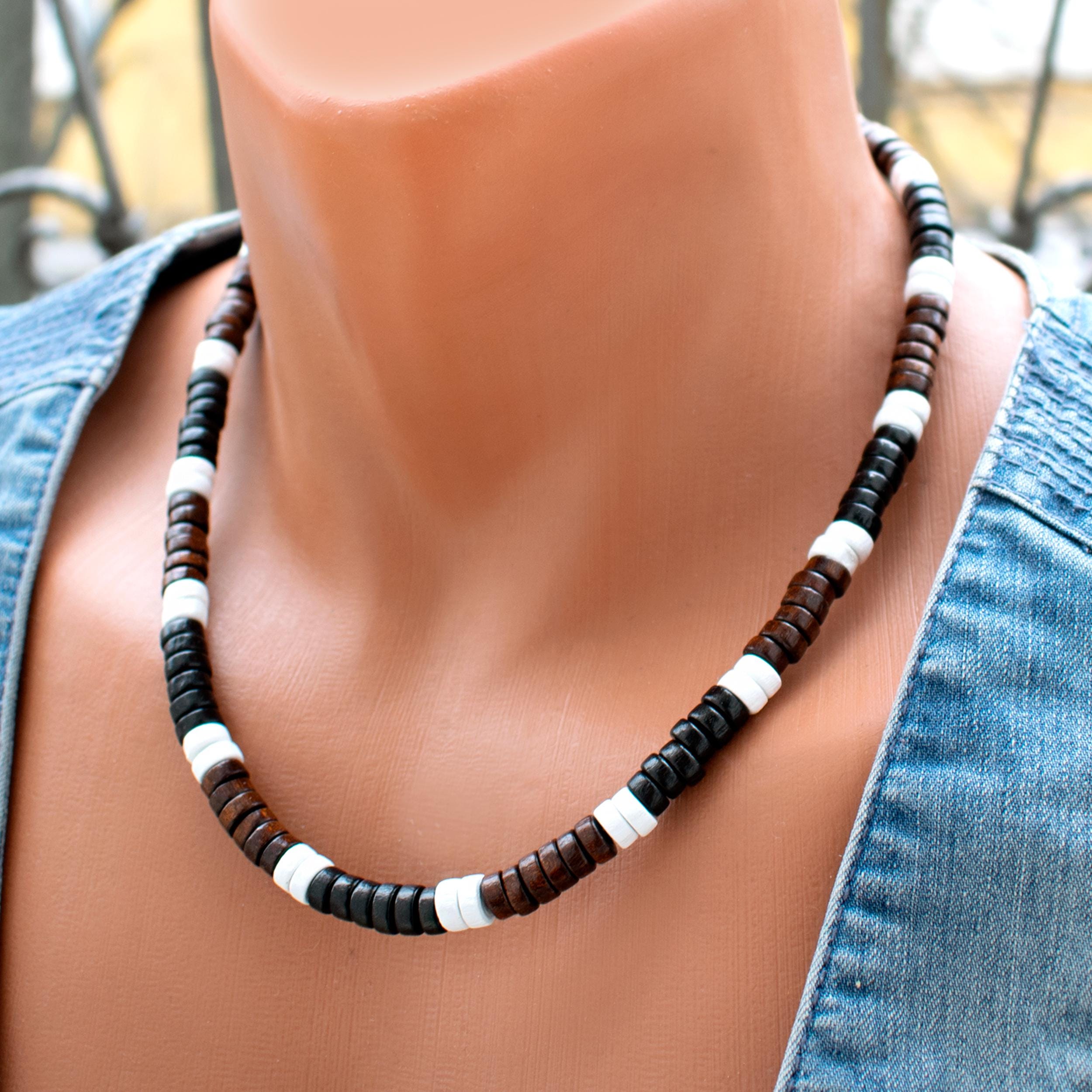 Bold Wood Necklace • Black, Brown, White • Wooden Beaded Choker Necklace For Men, Handmade Necklace • SD30