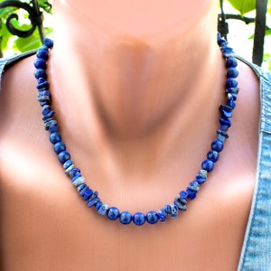 Lapis Lazuli Necklace with Raw and Round Beads • Blue Gemstone Jewelry • SD40