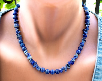 Lapis Lazuli Necklace with Raw and Round Beads • Blue Gemstone Jewelry • SD40