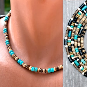 Mens Beaded Necklace - Turquoise, Onyx, Wood Beads • Choker Necklace • Surfer, Boho, Casual, Everyday, Beach • Handmade Jewelry • SD50