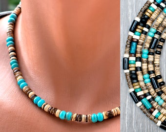 Heren kralen ketting - Turquoise, Onyx, houten kralen • Choker ketting • Surfer, Boho, Casual, alledaags, strand • Handgemaakte sieraden • SD50