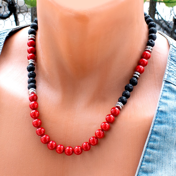 Mens Red Coral Bead Necklace | Handmade Mens and Womens Accessory • SD56