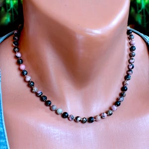 Rhodonite Bead Necklace • Rhodonite Necklace • 6mm Pink and Black Necklace & Choker • Hand Knotted Artisan Present For Girlfriend • SD25