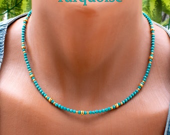 Turquoise Necklace w Gold Accents • Turquoise Bead Choker • Tiny, Small, Delicate, Dainty, Micro Stone Bead Necklace • SD43