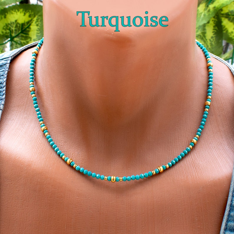 Turquoise Necklace w Gold Accents Turquoise Bead Choker Tiny, Small, Delicate, Dainty, Micro Stone Bead Necklace SD43 zdjęcie 1