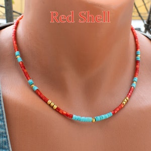 Red Shell and Turquoise Necklace & Gold Steel Accents Beads • Native Choker Necklace For Womens • Minimalist Layering Necklace • SD43