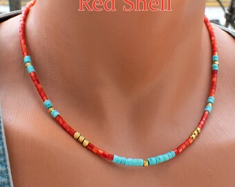 Red Shell and Turquoise Necklace & Gold Steel Accents Beads • Native Choker Necklace For Womens • Minimalist Layering Necklace • SD43