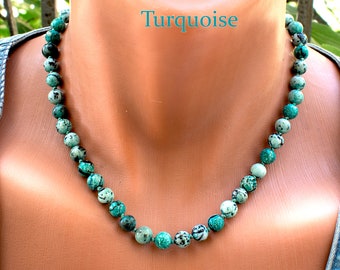 African Turquoise Necklace • 10mm Green Gemstone Bead Necklace • SD56