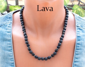 Mens Black Necklace with Lava and Onyx Beads • Mens Beaded Necklace • Black Jewelry For Men • SD43