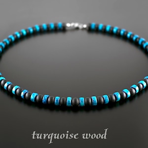 Chokerketting heren zwarte onyx en turkooishout kralen • Choker heren • Kralen herenketting • Surfer-ketting • Strandketting • SD30