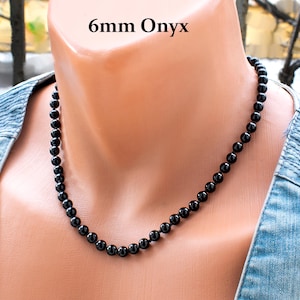 Onyxketting heren • 6 mm zwarte edelsteenkralen • Geknoopte natuursteensieraden • 18 inch • SD50