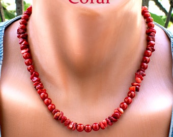 Collar de Coral Rojo • Joyería de Coral • Collar de Cuentas de Coral Redondas y Crudas • Collar de Piedras Preciosas • SD40