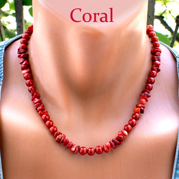 Red Coral Necklace • Coral Jewelry • Raw and Round Coral Beads Necklace • Gemstone Necklace • SD40