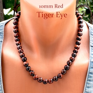 Red Tiger Eye Beaded Necklace • Gif for Boyfriend • 10mm Tiger Eye Necklace • Handmade Anniversary Gift • Gift for Husband  • SD40