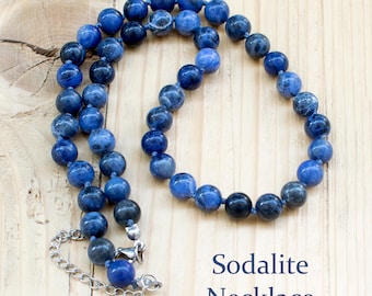 Sodalite Necklace: 8mm Blue Gemstone Bead Necklace • Knotted Natural Stone Jewelry • 18 inch • SD25