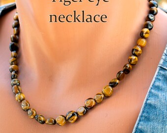 Irregular Tigers Eye Bead Necklace • Gold Tiger Eye Gemstone Jewelry • SD40