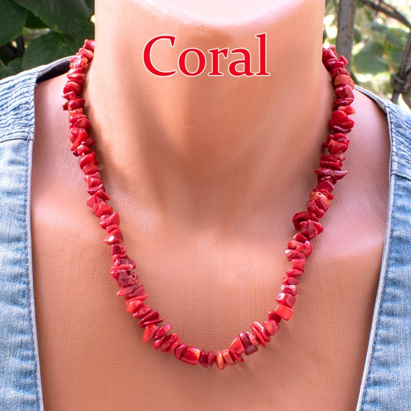 Collier de perles de corail brut pour femme - Bijoux en corail rouge - Collier tendance pour femme - Collier de perles pour femme