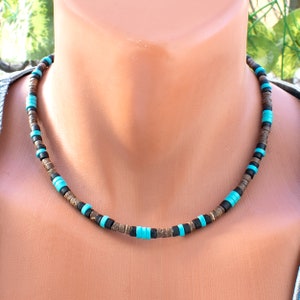 Mens Turquoise Necklace • Mens Beaded Necklace • Surfing Necklaces with Brown Coco Wood Beads • Handmade Turquoise Choker • Surfer Boho SD10
