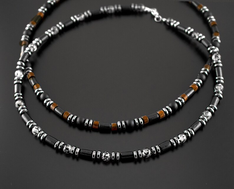 Mens Choker Necklace Bead Choker For Men Mens Beaded Necklace Onyx And Hematite Wood And Stone Black And Brown SD34 zdjęcie 2