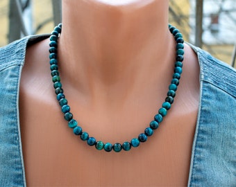 Mystic Teal Blue Tiger's Eye Necklace • 8mm Tiger's Eye Bead Jewelry • Stone Necklace For Men • SD56