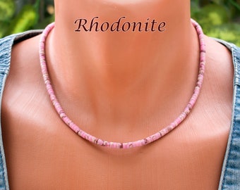 Collar Heishi de Rodonita Rosa • Collar de gargantilla de Rodonita • Joyería de cuentas de piedra de Rodonita de 4 mm • SD43