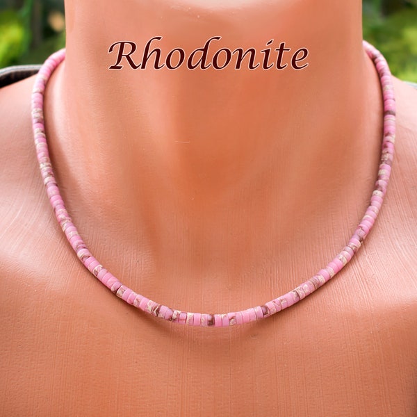 Pink Rhodonite Heishi Necklace • Rhodonite Choker Necklace • 4mm Rhodonite Stone Beads Jewelry • SD43