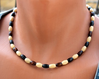 Black and White Wood Necklace • Natural Oval Bead Choker for Men • Surfer Style Jewelry • SD17