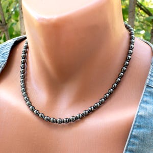Hematite Necklace • 6mm Metallic Stone Beads • 18in Gift for Him • Iron Gray Gemstone Jewelry • Masculine Handmade Necklace • SD40