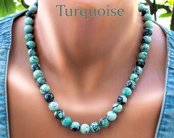 Collar de turquesa africana • Joyería de piedra turquesa verde de 10 mm • SD40