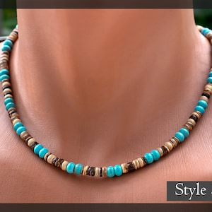 Mens Beaded Necklace Turquoise, Onyx, Wood Beads Choker Necklace Surfer, Boho, Casual, Everyday, Beach Handmade Jewelry SD50 zdjęcie 4