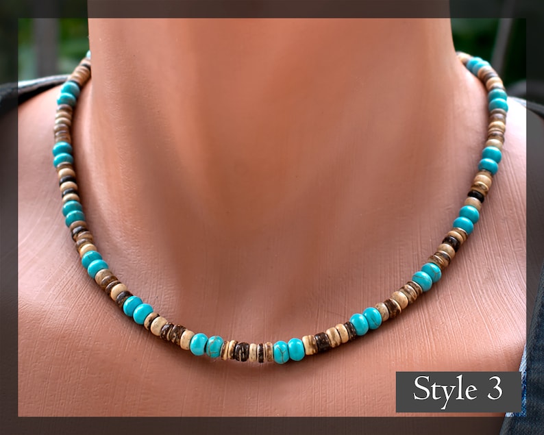 Mens Beaded Necklace Turquoise, Onyx, Wood Beads Choker Necklace Surfer, Boho, Casual, Everyday, Beach Handmade Jewelry SD50 3. Turquoise + Wood